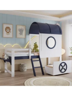 Kinderbett mit Rollenschublade und zweistufiger Schrägleiter, 90x200cm