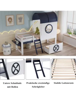 Kinderbett mit Rollenschublade und zweistufiger Schrägleiter, 90x200cm