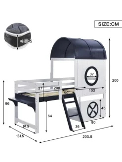 Kinderbett mit Rollenschublade und zweistufiger Schrägleiter, 90x200cm