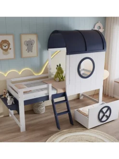 Kinderbett mit Rollenschublade und zweistufiger Schrägleiter, 90x200cm