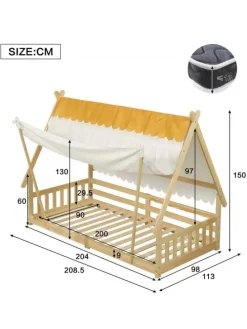 Kinderbett mit Sicherheitsgeländer und abnehmbarem Zelt in Natur, 90x200cm