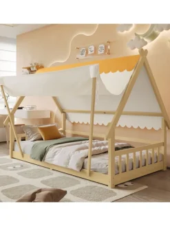 Kinderbett mit Sicherheitsgeländer und abnehmbarem Zelt in Natur, 90x200cm