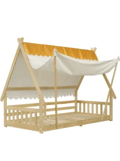 Kinderbett mit Sicherheitsgeländer und abnehmbarem Zelt in Natur, 90x200cm