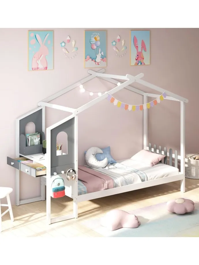 Kinderbett 90x200cm mit Dach & Schreibtisch in Weiß