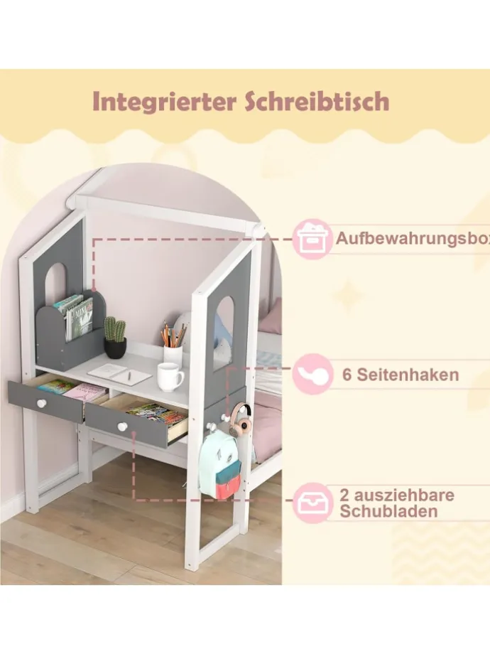 Kinderbett 90x200cm mit Dach & Schreibtisch in Weiß