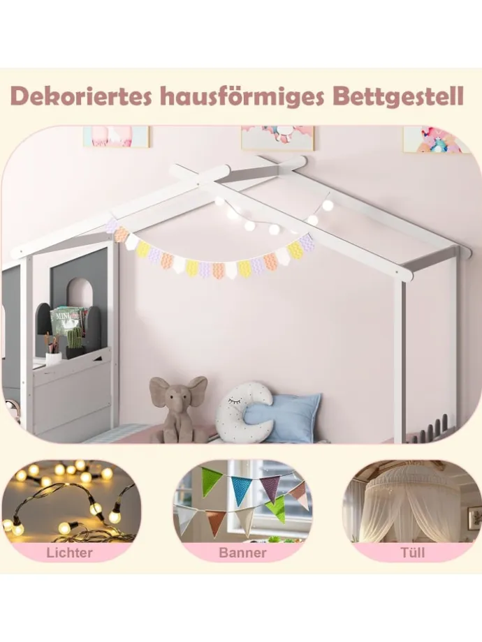 Kinderbett 90x200cm mit Dach & Schreibtisch in Weiß