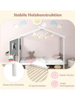 Kinderbett 90x200cm mit Dach & Schreibtisch in Weiß