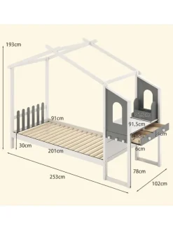 Kinderbett 90x200cm mit Dach & Schreibtisch in Weiß