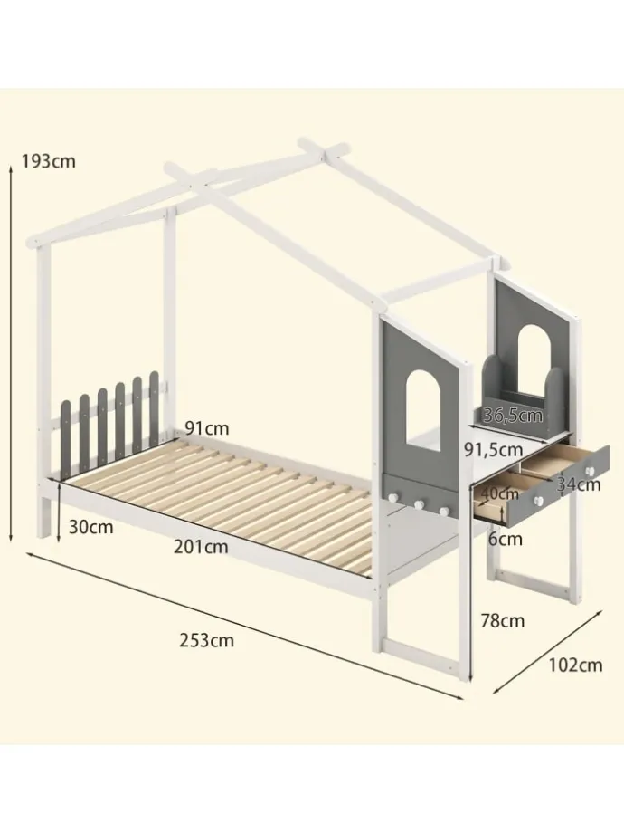 Kinderbett 90x200cm mit Dach & Schreibtisch in Weiß