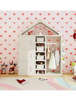 Kinderregal in Hausform mit Kleiderstange in Weiß