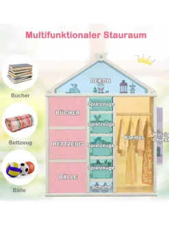 Kinderregal in Hausform mit Kleiderstange in Weiß