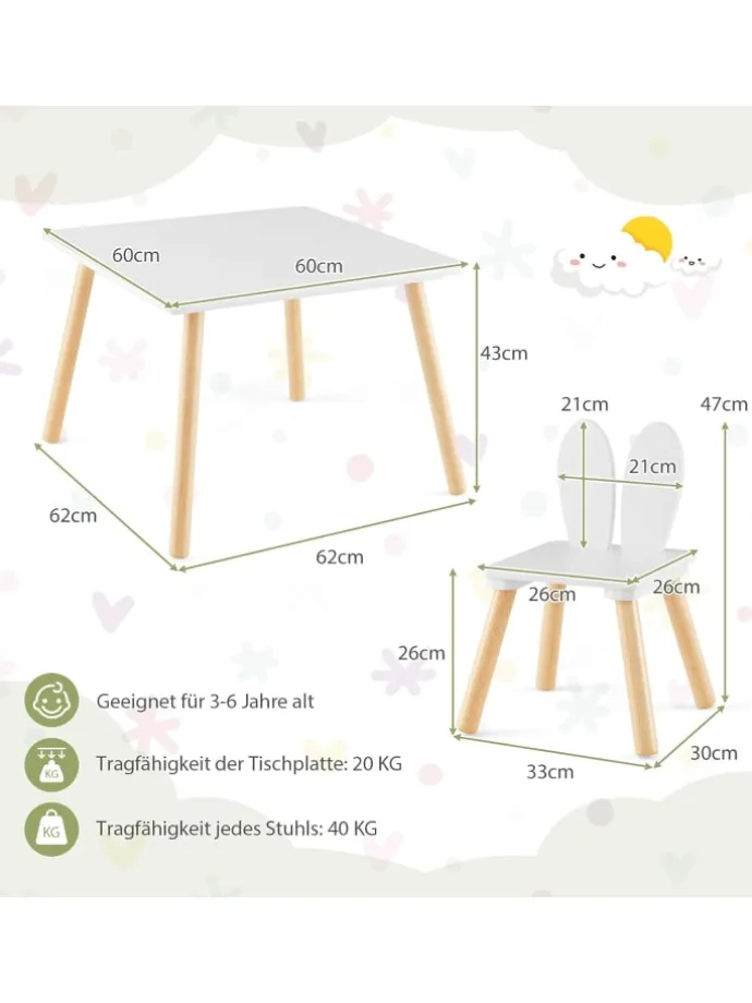 Kindertisch mit 2 Stühlen in Weiß