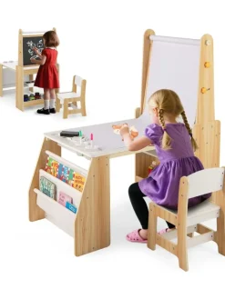 Kindertisch mit Stuhl & Staffelei in Hellbraun