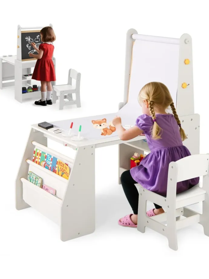 Kindertisch mit Stuhl & Staffelei in Grau