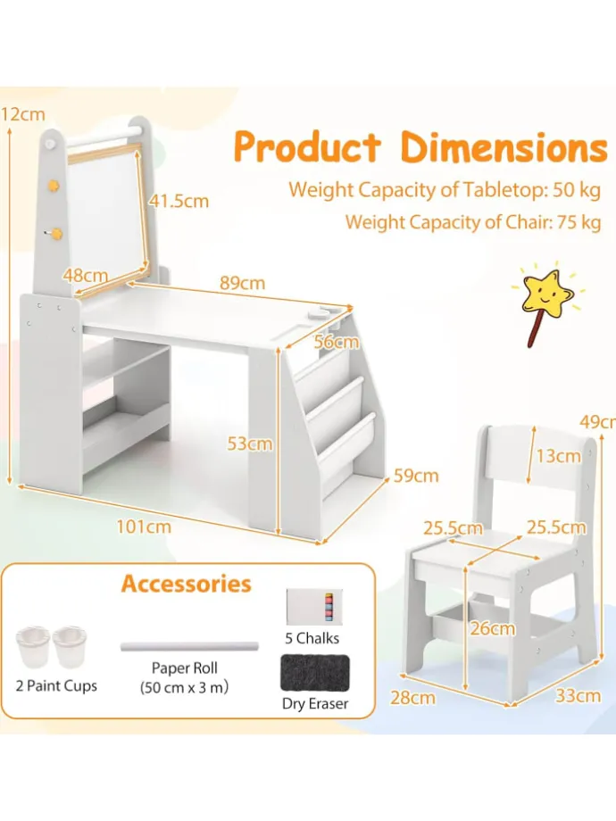 Kindertisch mit Stuhl & Staffelei in Grau