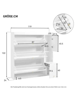 Kipp-Schuhschrank in Weiß mit 3 Klappschubladen und Sitzbank 119x24x122 cm