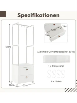 Kleiderständer mit 2 Schubladen 52 x 40 x 161 cm in Weiß