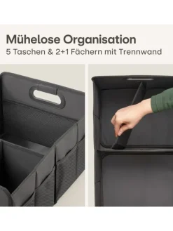 Kofferraum Organizer Faltbar – 3 Fächer mit 5 Taschen – Rutschfest