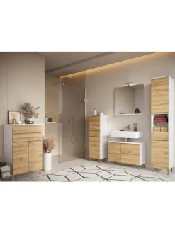 Kommode mit Schubladen, 60x34x97 cm, Badezimmerschrank, Weiß/Braun