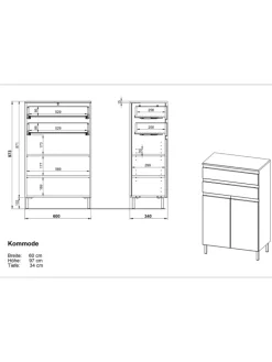 Kommode mit Schubladen, 60x34x97 cm, Badezimmerschrank, Weiß/Braun