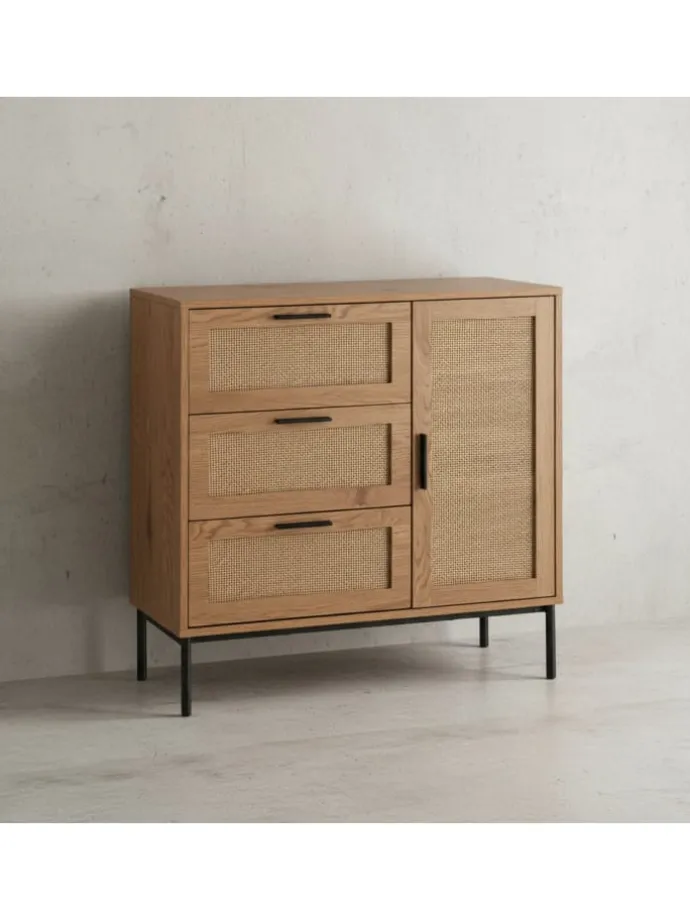 Kommode 80x82x36 cm Flurkommode Eiche-Dekor & Rattan, Sideboard mit