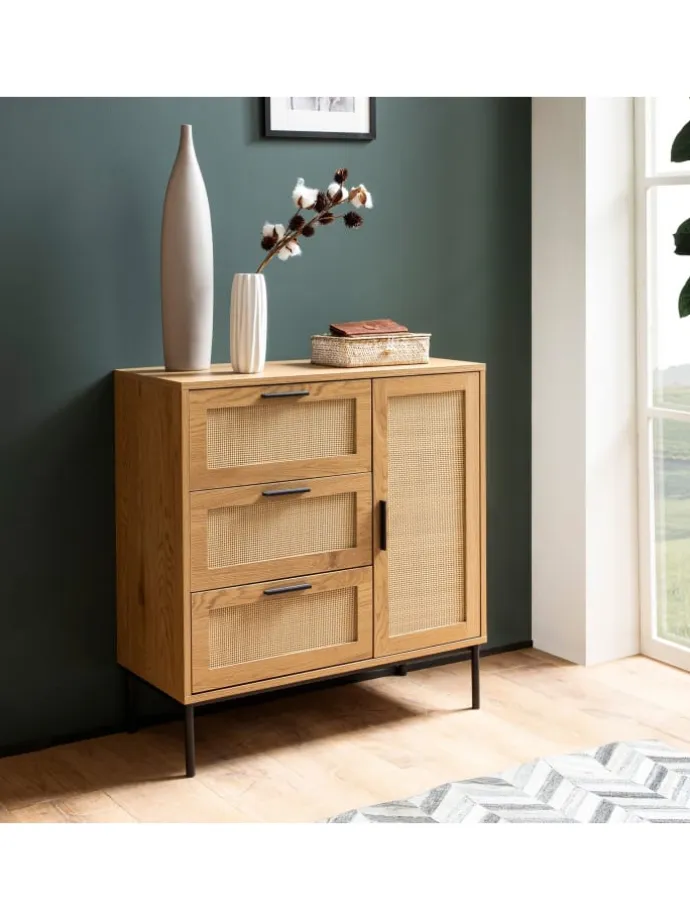 Kommode 80x82x36 cm Flurkommode Eiche-Dekor & Rattan, Sideboard mit