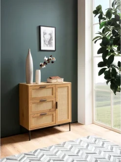 Kommode 80x82x36 cm Flurkommode Eiche-Dekor & Rattan, Sideboard mit
