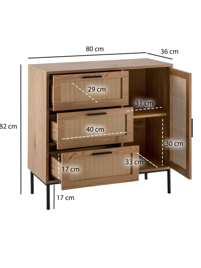 Kommode 80x82x36 cm Flurkommode Eiche-Dekor & Rattan, Sideboard mit