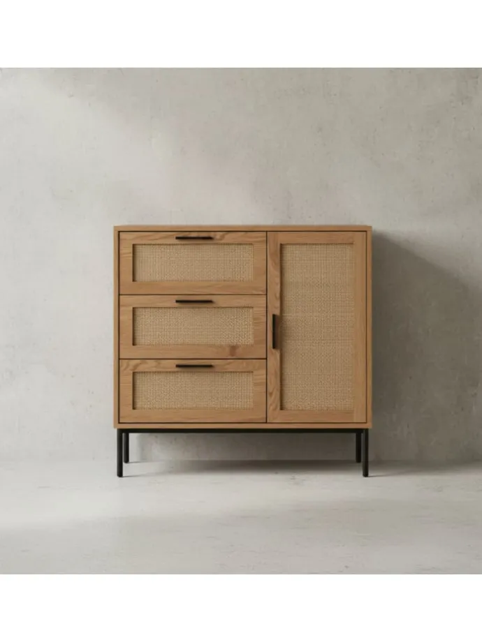 Kommode 80x82x36 cm Flurkommode Eiche-Dekor & Rattan, Sideboard mit