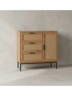 Kommode 80x82x36 cm Flurkommode Eiche-Dekor & Rattan, Sideboard mit