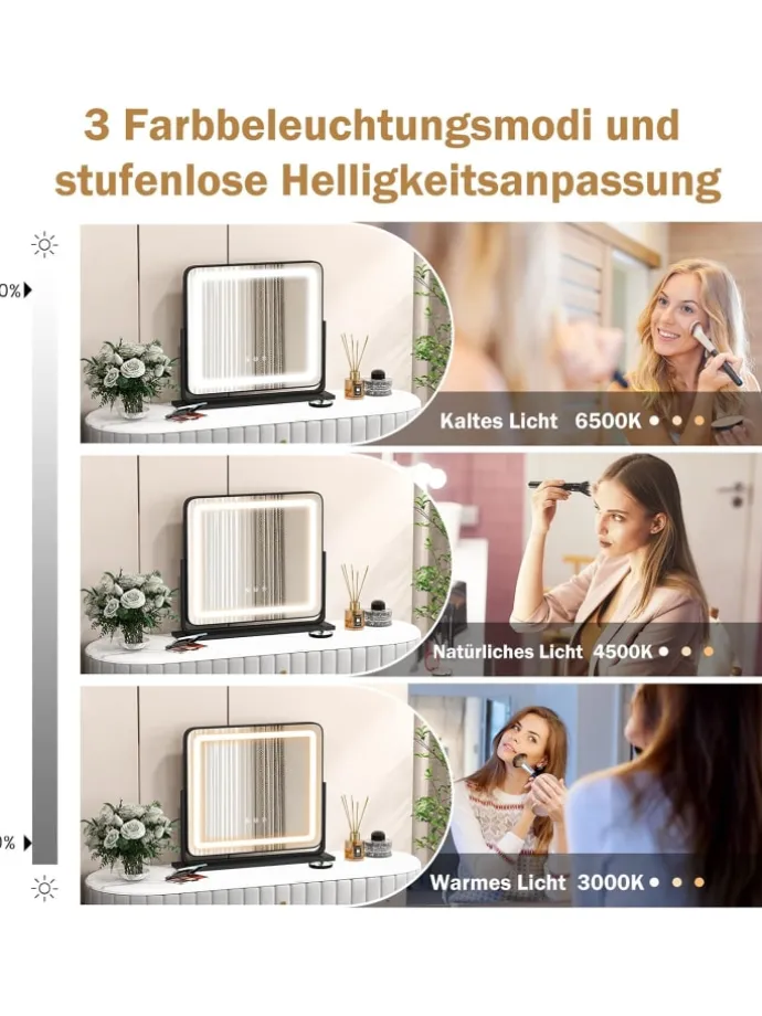 Kosmetikspiegel mit 3 Lichtfarben in Schwarz