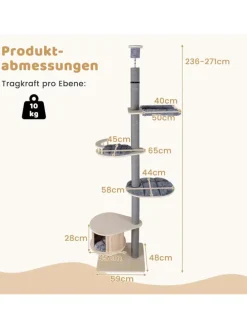 Kratzbaum deckenhoch mit Höhle 236-271 cm in Grau