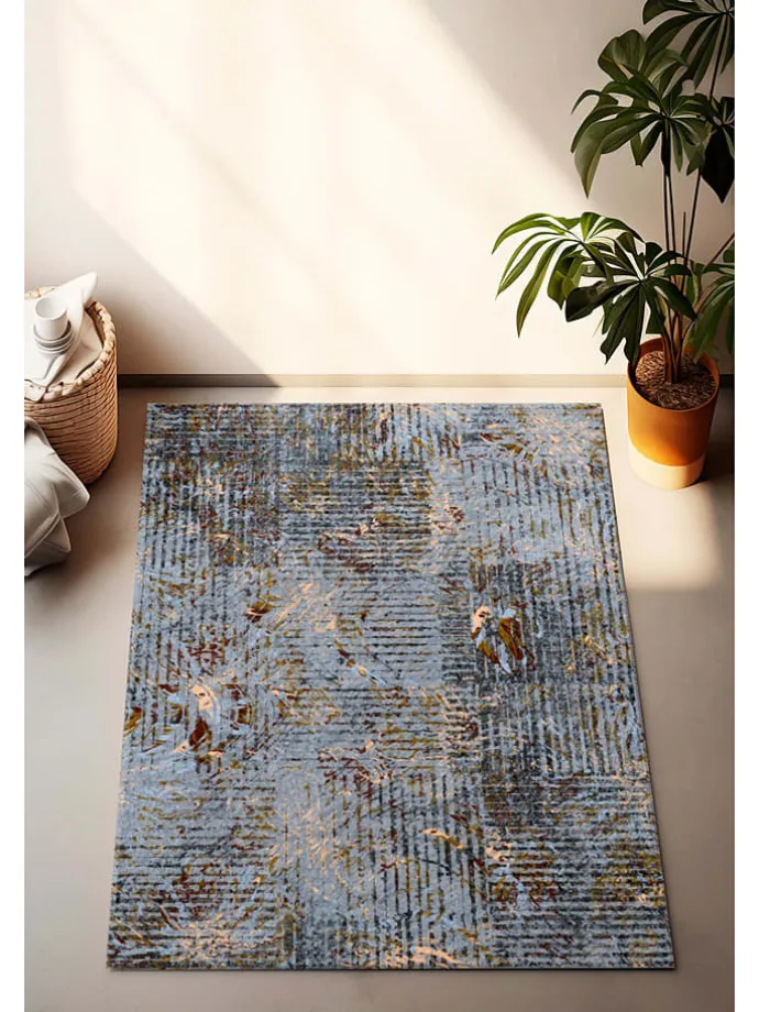 Kurzflor-Teppich in Hellblau/ Braun/ Creme