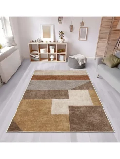 Kurzflor-Teppich in Hellbraun/ Grau/ Beige