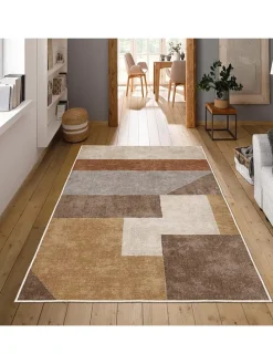 Kurzflor-Teppich in Hellbraun/ Grau/ Beige