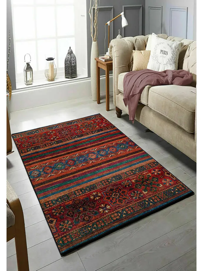 Kurzflor-Teppich in Rot/ Blau