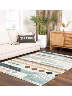 Kurzflor-Teppich "Infkece" in Creme/ Blau/ Braun