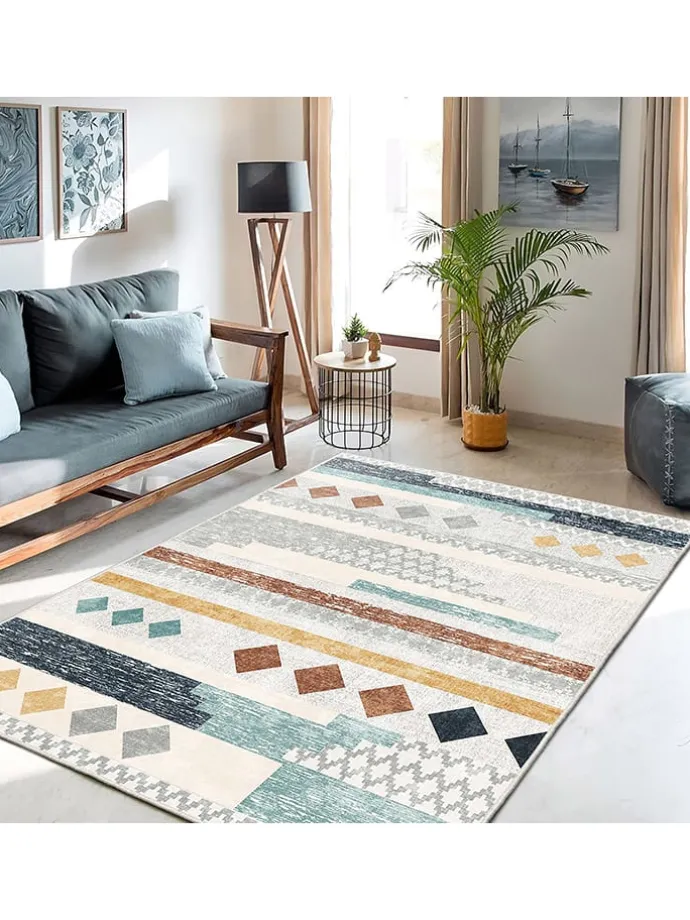 Kurzflor-Teppich "Infkece" in Creme/ Blau/ Braun