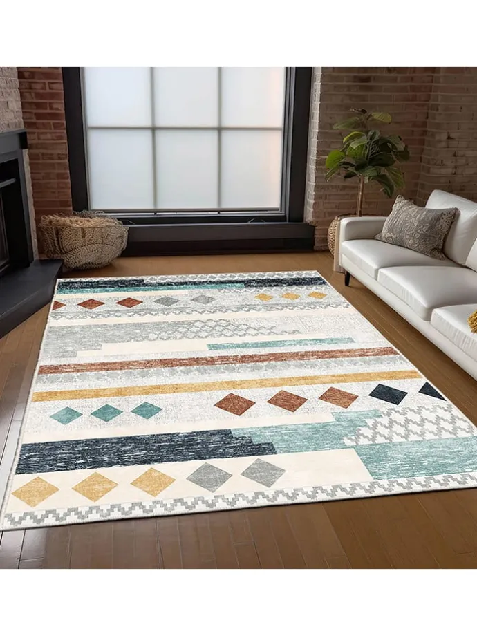 Kurzflor-Teppich "Infkece" in Creme/ Blau/ Braun