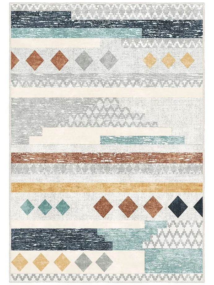 Kurzflor-Teppich "Infkece" in Creme/ Blau/ Braun