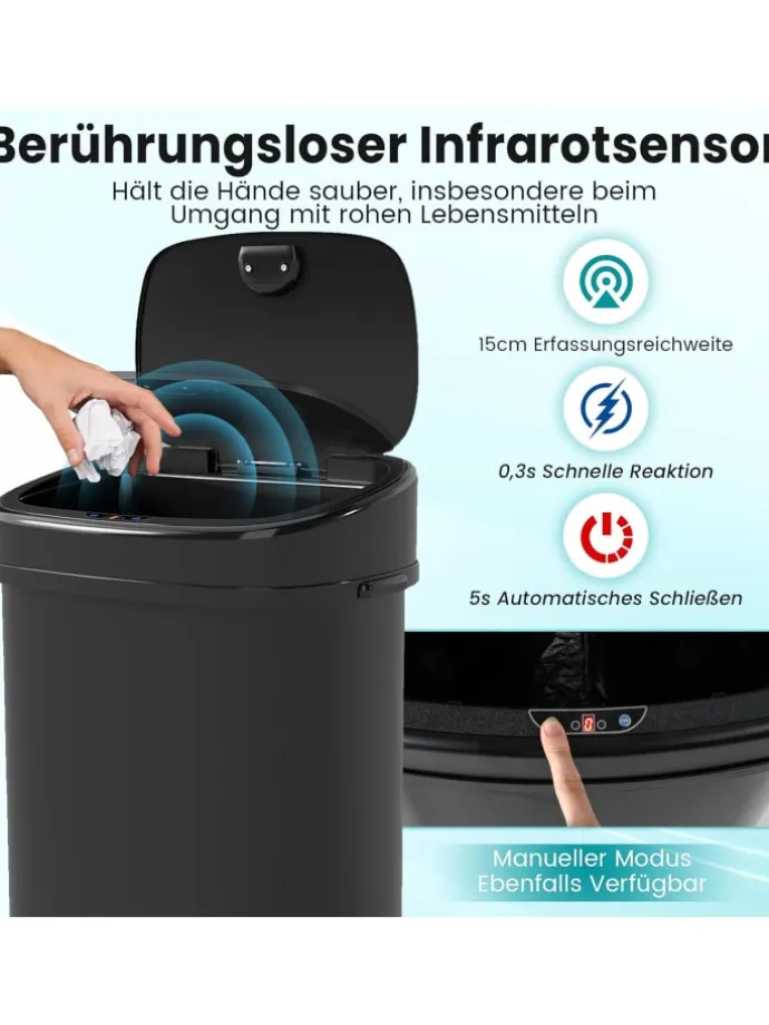 58L Mülleimer Küche mit Sensor in Schwarz