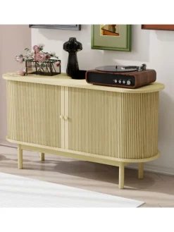 Lamellen Schrank Sideboard mit Schiebetüren und Kiefernholzbeinen in Naturholz