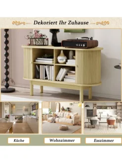 Lamellen Schrank Sideboard mit Schiebetüren und Kiefernholzbeinen in Naturholz