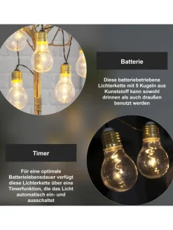 LED Deko-Lichterkette ,Glow', 5 Glühbirnen, Batterie & Timer, klar, wa