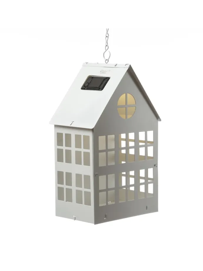LED Solar Haus Lichthaus DIY Deko Laterne Metall H: 28cm Lichtsensor in weiß