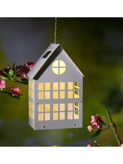 LED Solar Haus Lichthaus DIY Deko Laterne Metall H: 28cm Lichtsensor in weiß