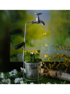 LED Solar Wasserhahn mit Blumentopf Gartendeko H: 60cm silber