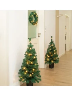 LED Weihnachtsset für Haustür Kranz und 2 Tannenbäume beleuchtet in grün