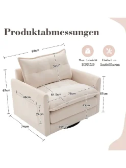 Loungesessel in Beige 360° drehbar mit Armlehnen und Kissen