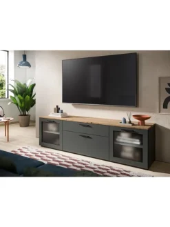 Lowboard (B/H/T): 185x52x40 cm in Basalt grau, Artisan Eiche und Glas